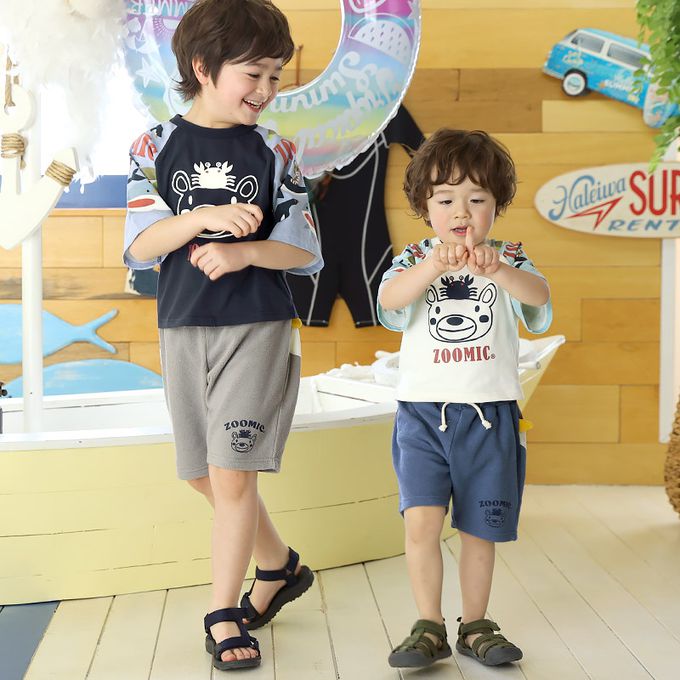 日本 ZOOLAND - 天竺棉海洋動物反摺格紋短褲-藍