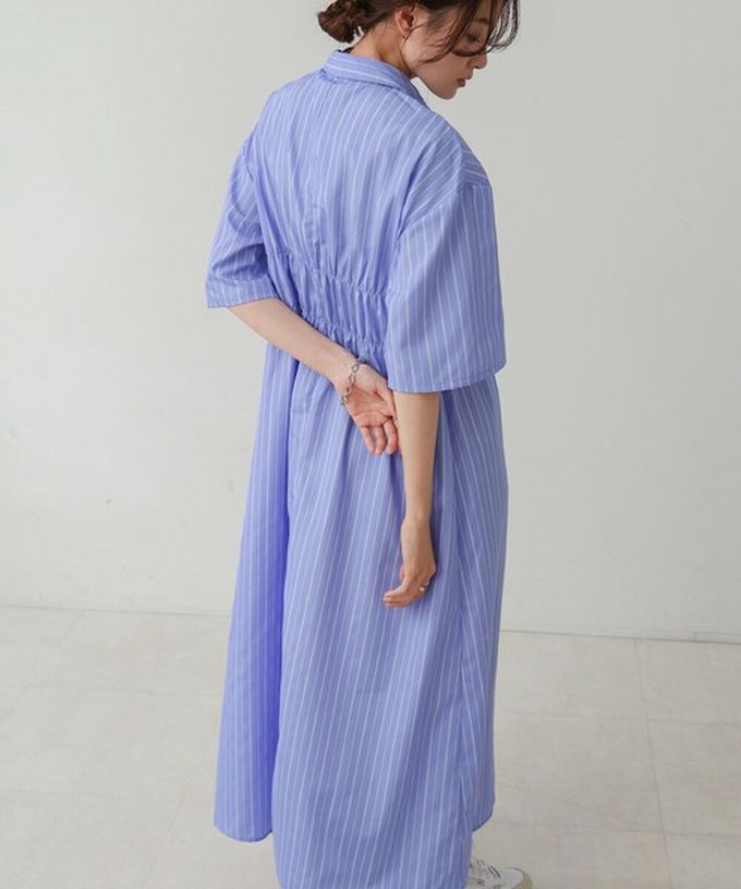 日本 Bab - 時尚抓皺襯衫式五分袖洋裝-條紋-象牙