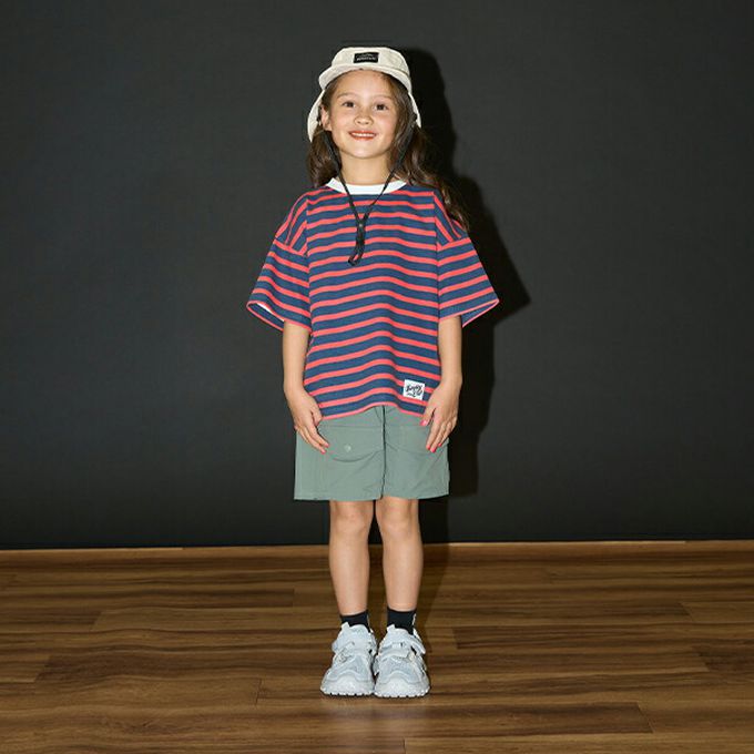 日本 b-ROOM - 柔軟不易皺條紋落肩短袖上衣-紅x深藍