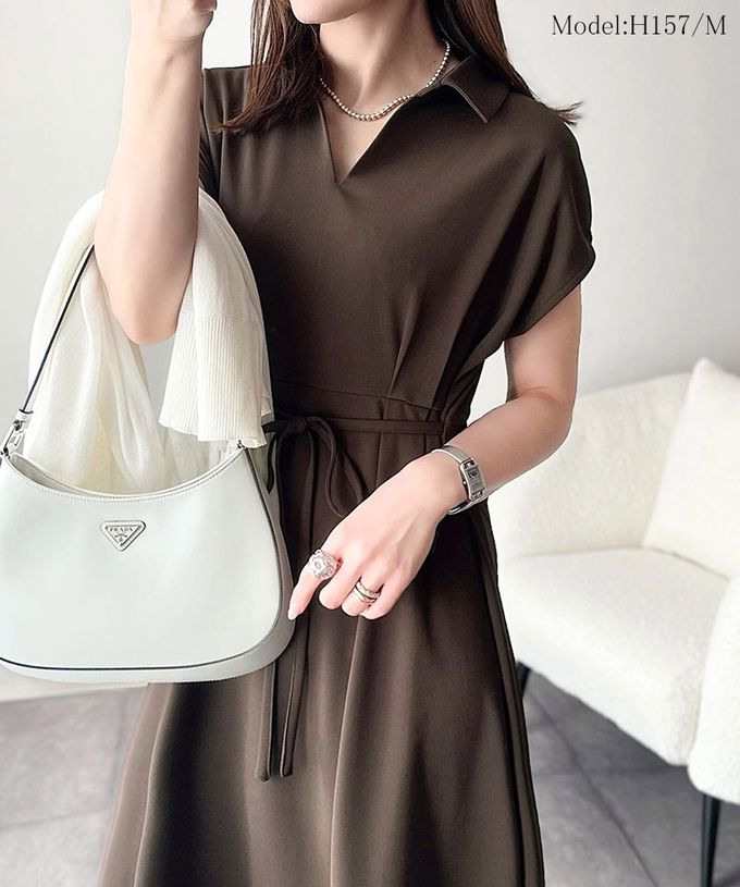 日本 Classical Elf - 接觸冷感 優美V領腰綁帶短袖洋裝-短版-象牙白