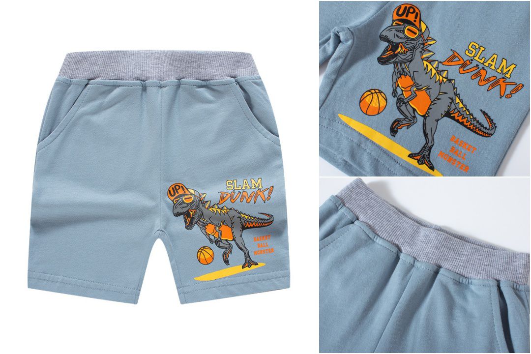 純棉休閒短褲-街頭暴龍-藍色
