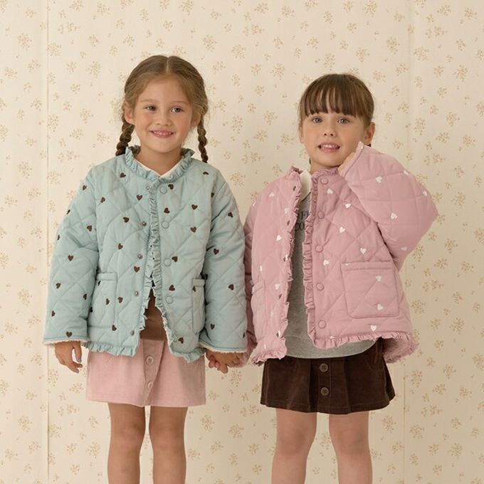 日本 Lycee mine - 滿版愛心荷葉皺褶內刷毛鋪棉外套-米白