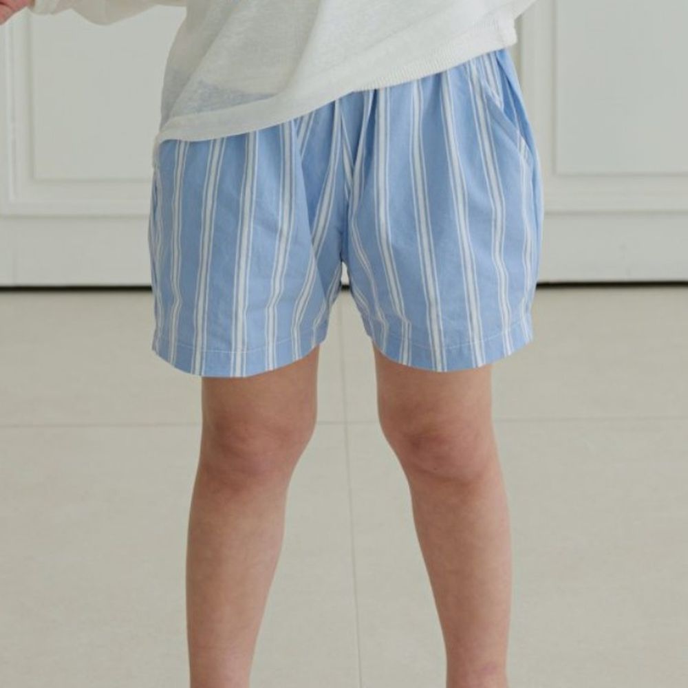 ERINJ 鬆緊腰清爽直紋純棉短褲-藍