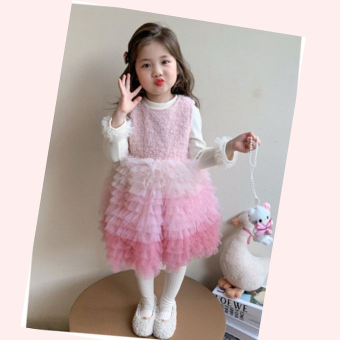 新年甜美漸層馬卡龍粉網紗蛋糕裙長袖洋裝