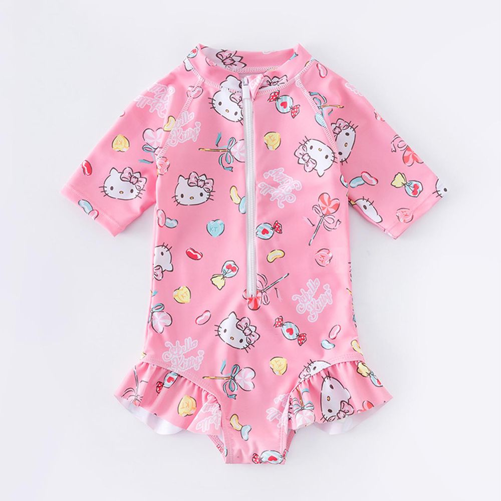 Hellokitty短袖連身泳裝-kitty與愛心糖-粉色