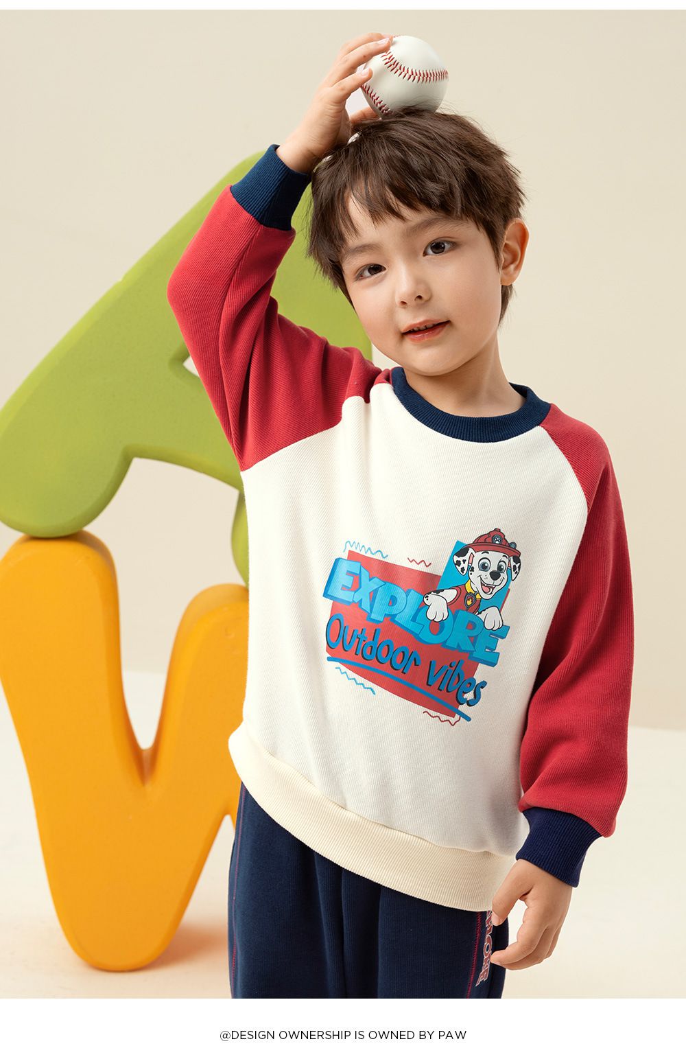 卡通汪汪隊圓領拼色長袖套裝-卡通人物阿奇-黃+深藍