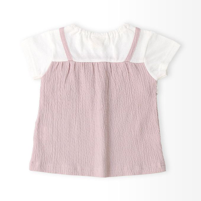 日本 ZOOLAND - 清爽楊柳 假二件蕾絲滾邊短袖上衣-米杏