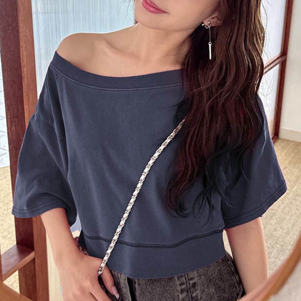 一字領時尚短版露肩上衣-海軍藍 (F)