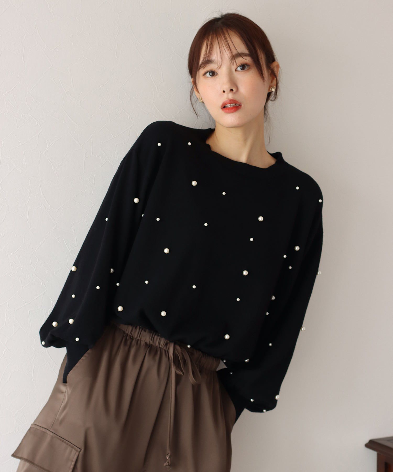 日本 BLUE EAST - 氣球袖珍珠注目針織上衣-粉紅