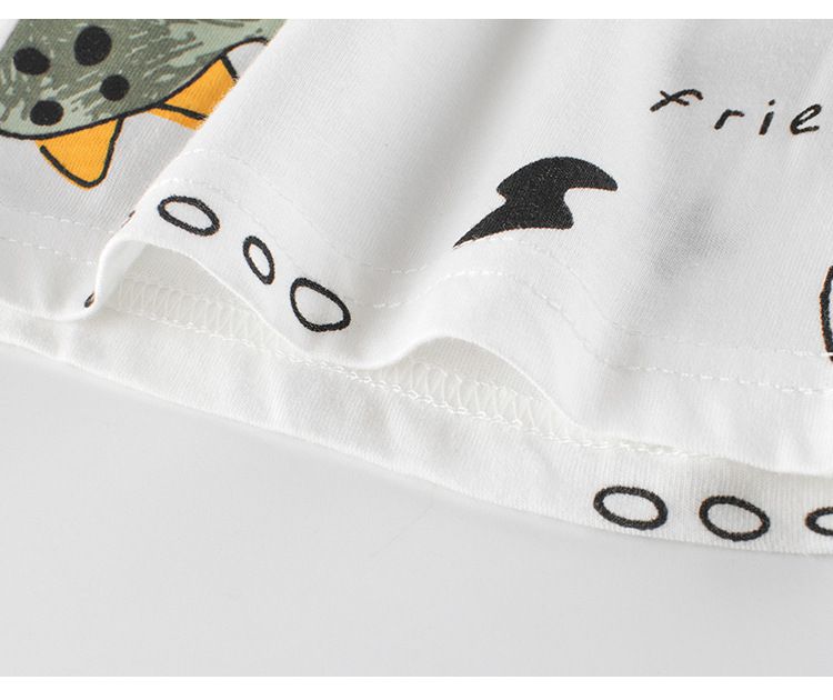 純棉腰鬆緊休閒五分褲-塗鴉綠恐龍-米白色