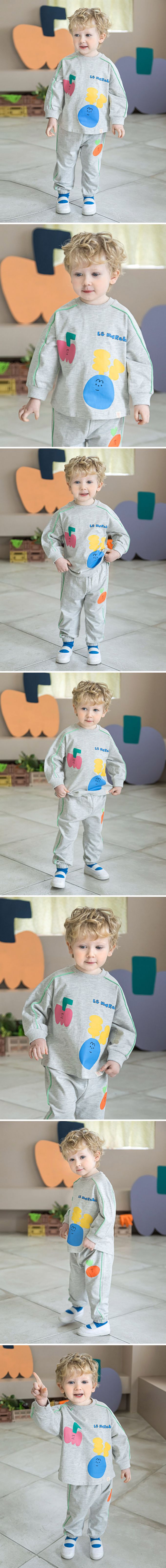 韓國 Pimpollo - 蘋果蘿蔔印長袖套裝-燕麥灰