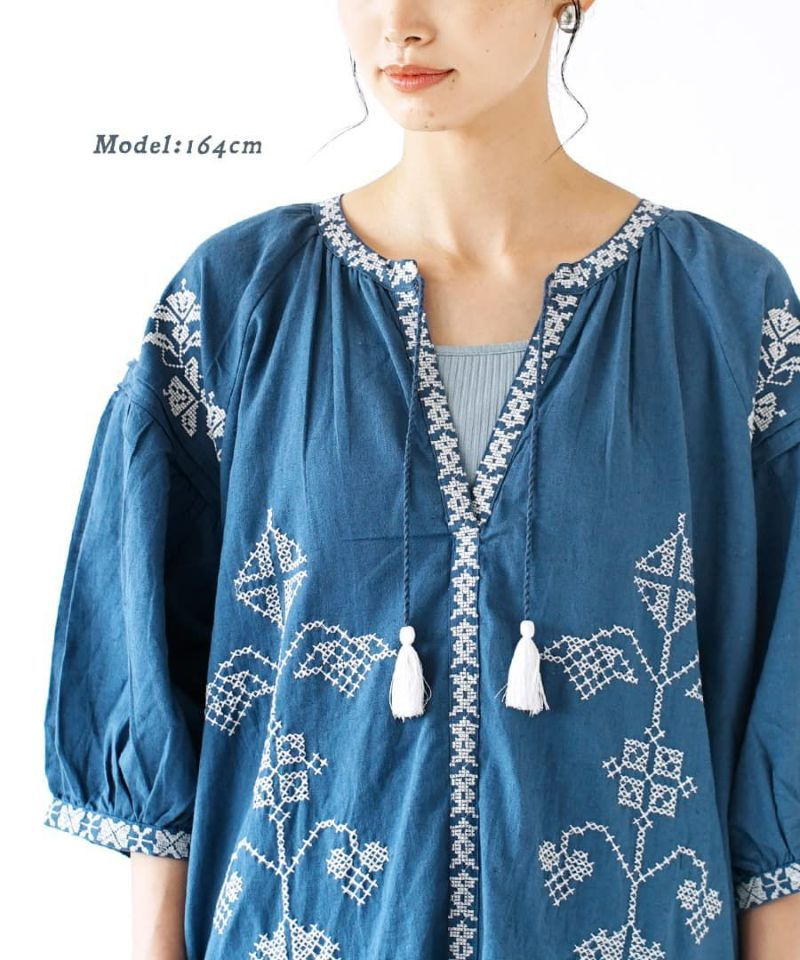 日本 zootie - 棉麻涼爽刺繡民族風洋裝-寧靜藍