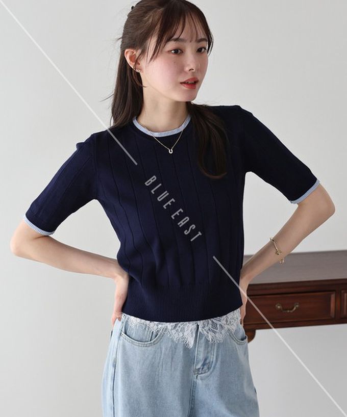 日本 BLUE EAST - 羅紋彈性薄針織五分袖上衣-淺卡其