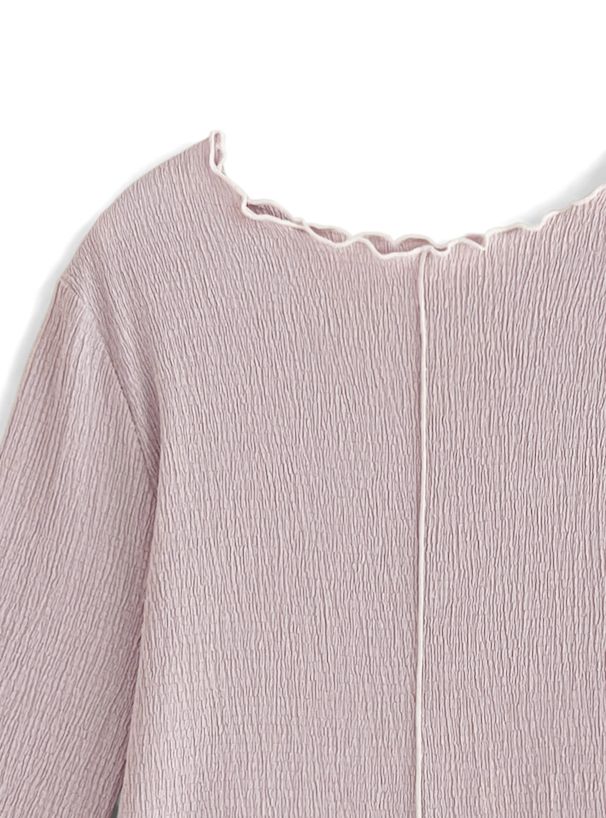 日本 GRL - 撞色木耳捲邊皺縮長袖上衣-黑x白 (F)