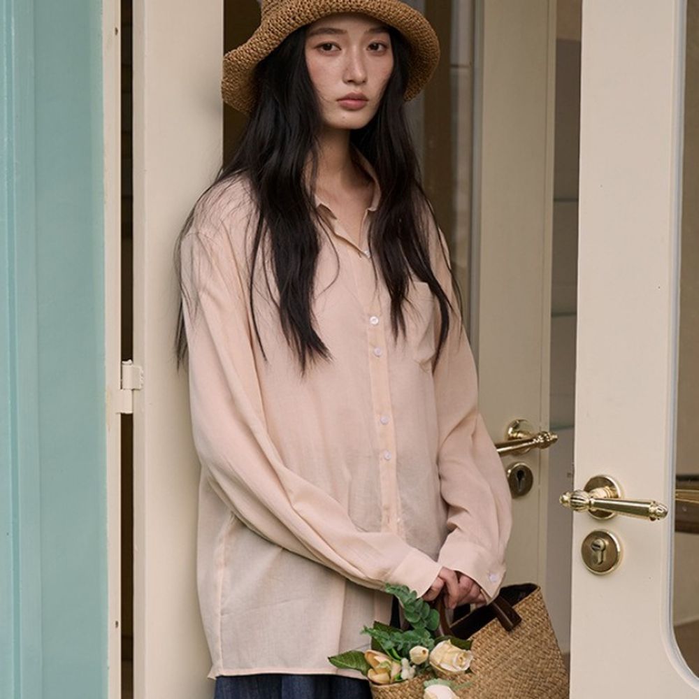 極簡慵懶天絲亞麻輕盈呼吸襯衫-淺橘膚