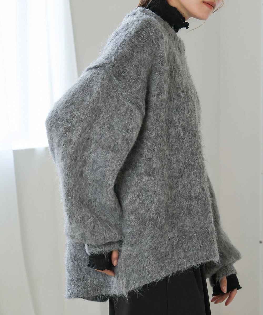 日本 Bab - 澎袖毛海溫柔廓形針織上衣-淺灰