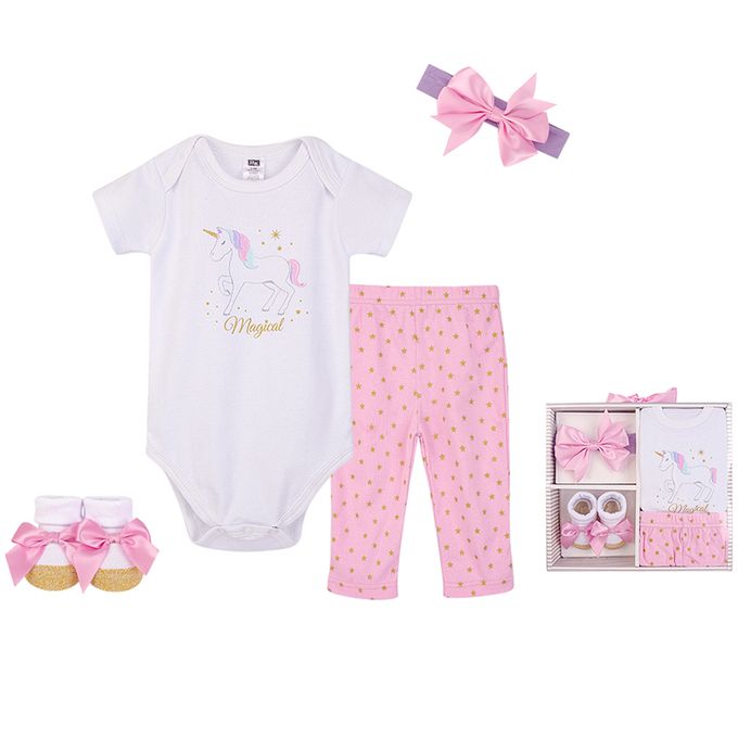 美國 Luvable Friends - 甜蜜寶貝嬰幼兒包屁衣與長褲最佳送禮 4入彌月禮盒組-獨角獸之夢