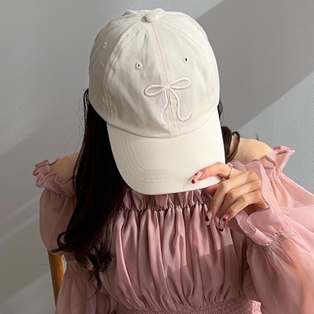 日本 GRL - 女孩蝴蝶結刺繡棒球帽-象牙白 (約56cm)