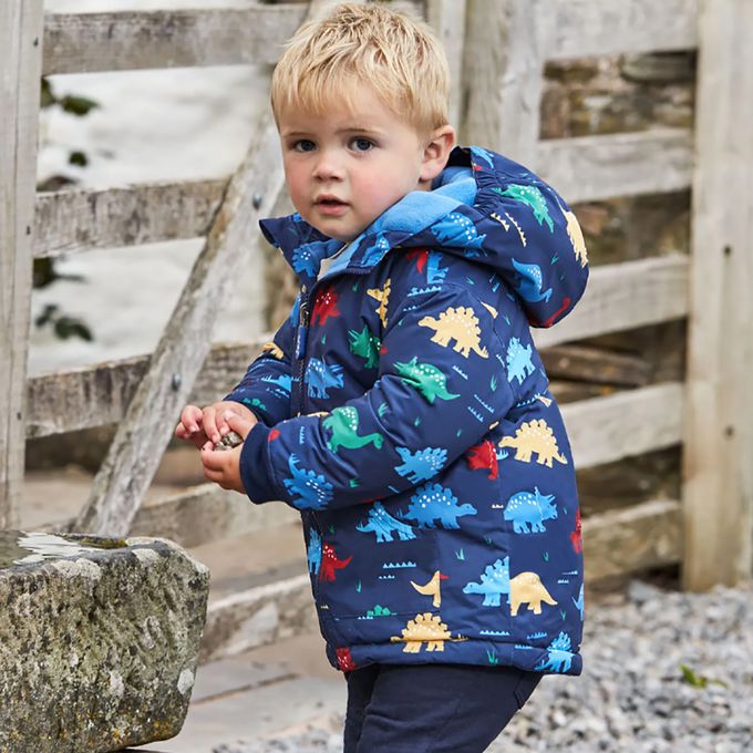 英國 JoJo Maman BeBe - 雙面防風/水連帽保暖刷毛外套-恐龍樂園
