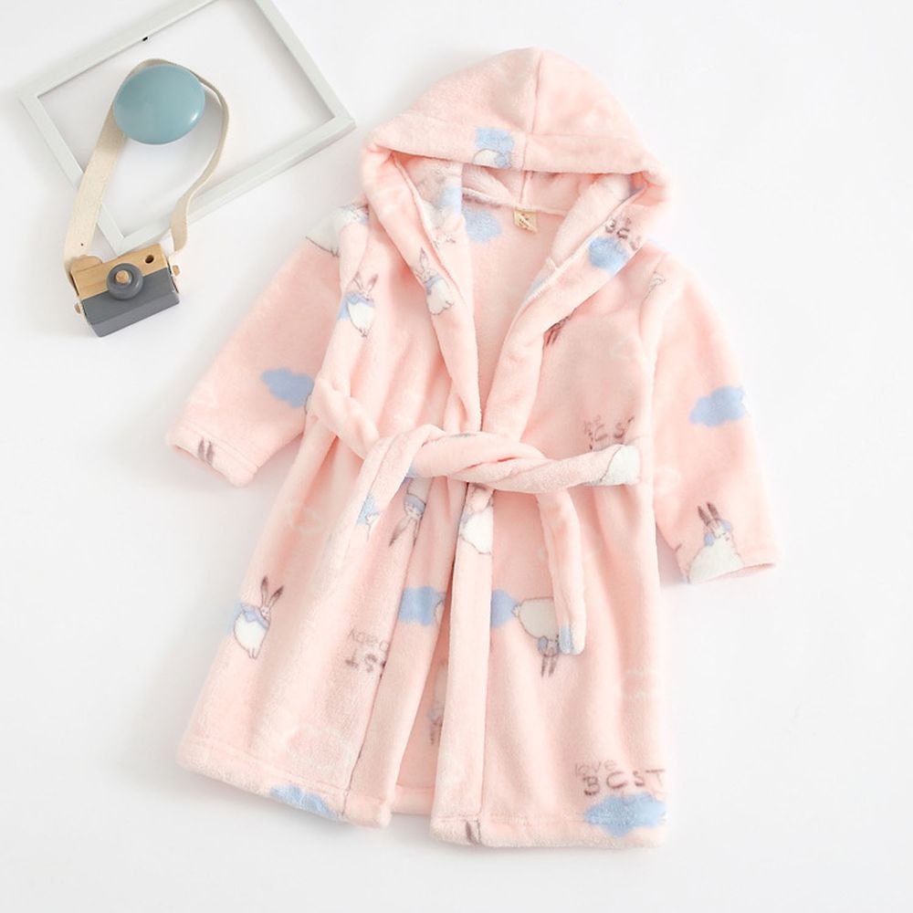 超柔軟珊瑚絨浴袍睡衣-粉色小兔