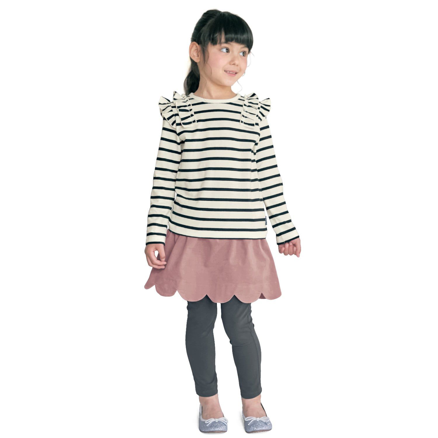 日本千趣會 - GITA 圓領荷葉肩長袖上衣-條紋-黑白