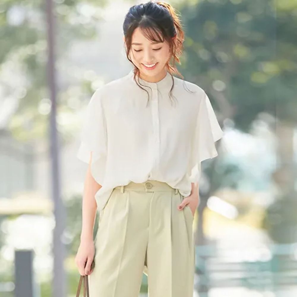 日本 BELLUNA - 浪漫大荷葉袖楊柳雪紡短袖襯衫-白