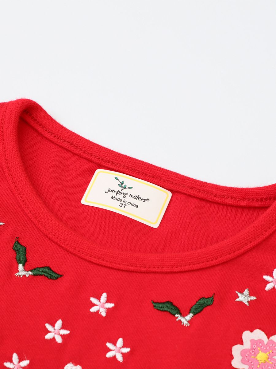 Jumping meters - 棉質圓領長袖連身網紗洋裝-花花與鳥-紅色