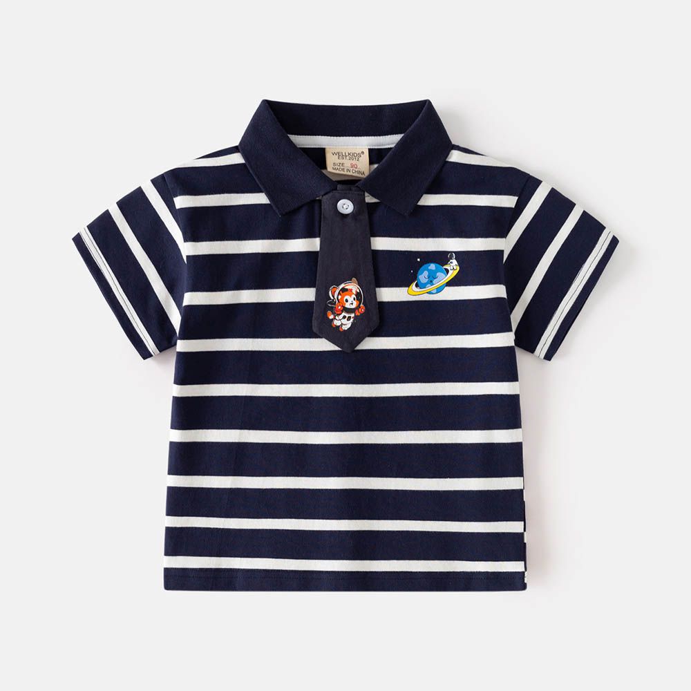 休閒翻領短袖上衣-太空人領帶-藏青條紋