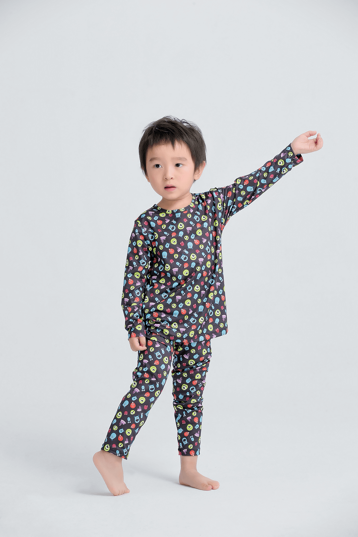 WIWI - 繽紛怪獸電力溫灸刷毛圓領發熱衣-童-經典黑