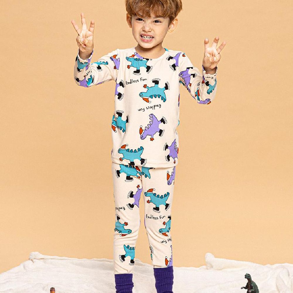 超細絨毛混織彈性長袖家居服-溜冰恐龍-卡其杏