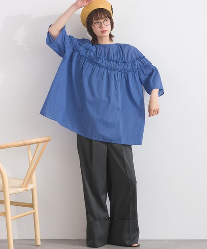 日本 Lupilien - 100%棉 輕盈感皺摺廓形五分袖上衣-白