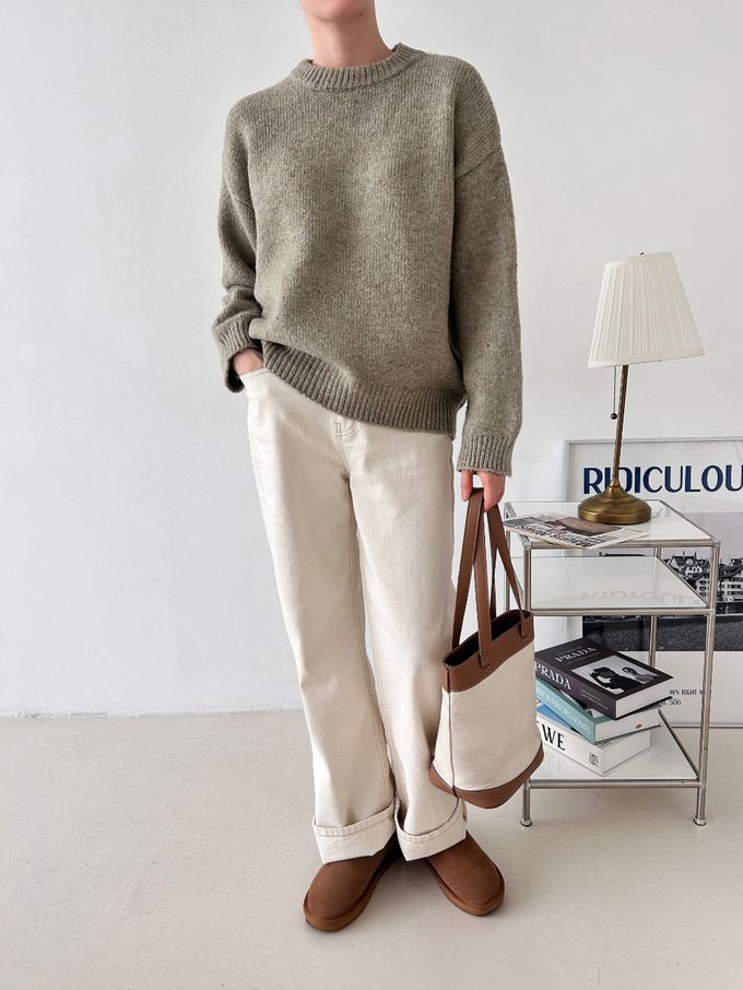 韓國女裝連線 - 日常簡約混紡長袖針織上衣-灰綠 (FREE)