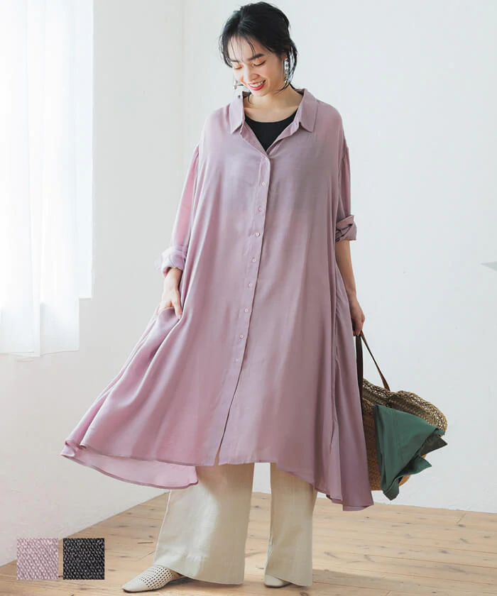 日本 COCA - 寬鬆傘狀薄長袖襯衫洋裝/外套-粉