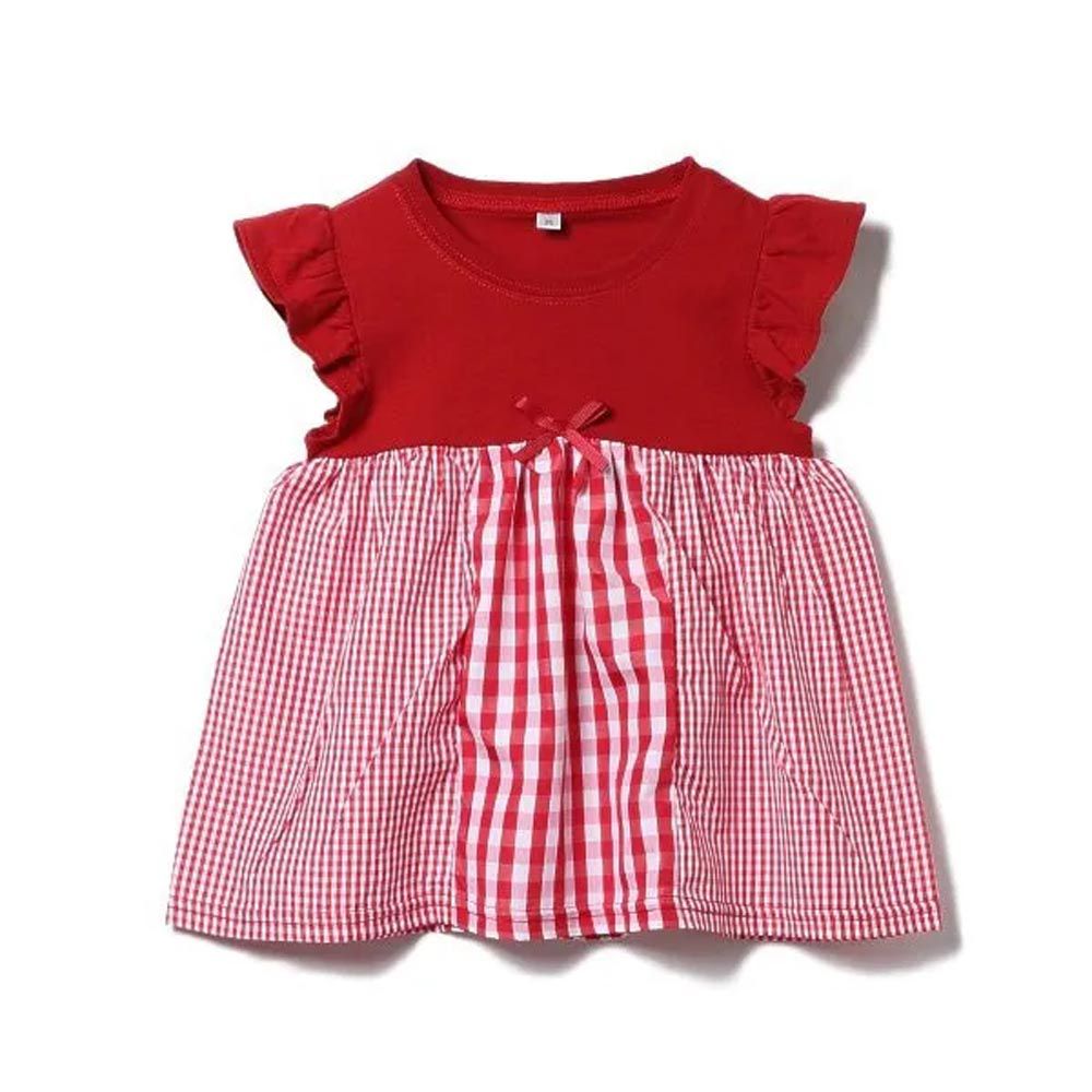 日本西松屋 - 甜美格紋法式袖上衣-紅色