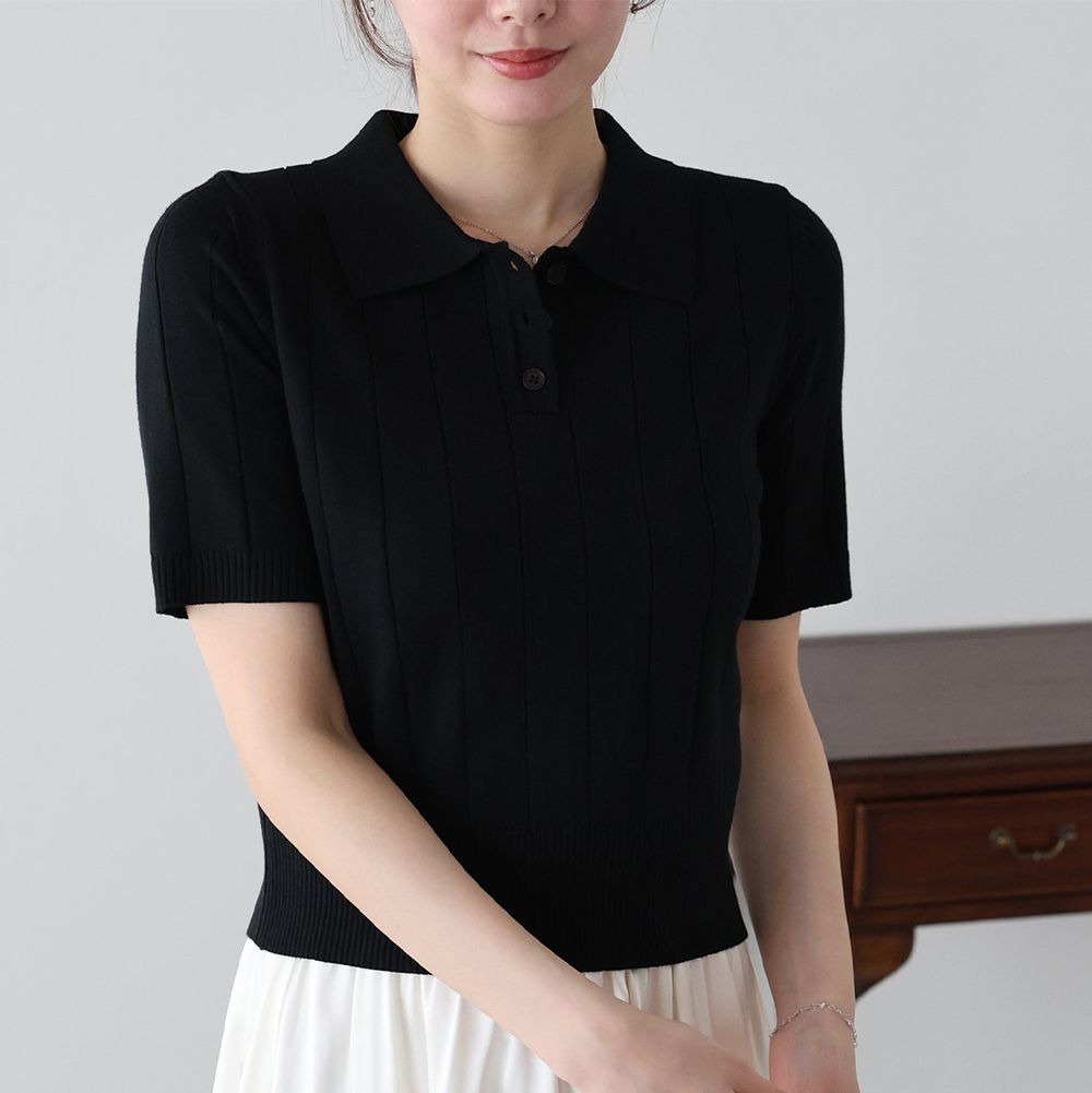 都會氣息寬羅紋針織短袖polo衫-黑