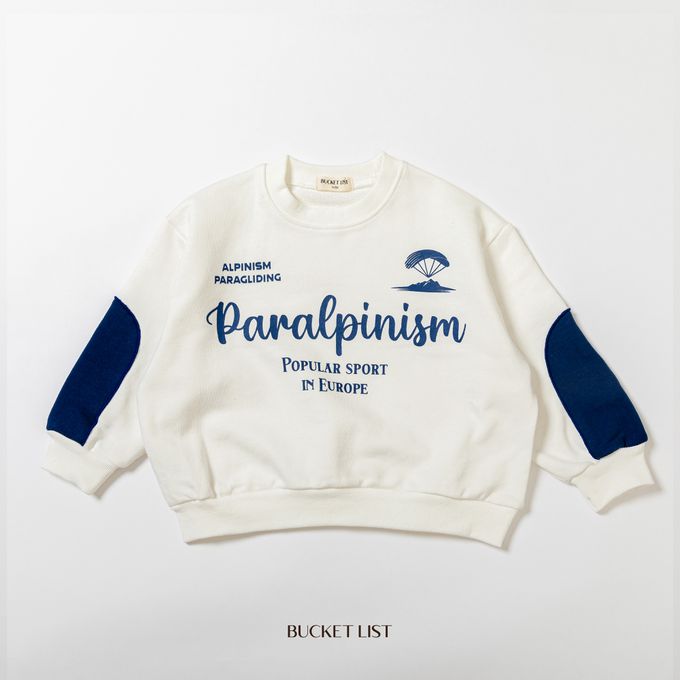 韓國 BUCKET LIST - 文字印休閒圓領長袖大學T-象牙白