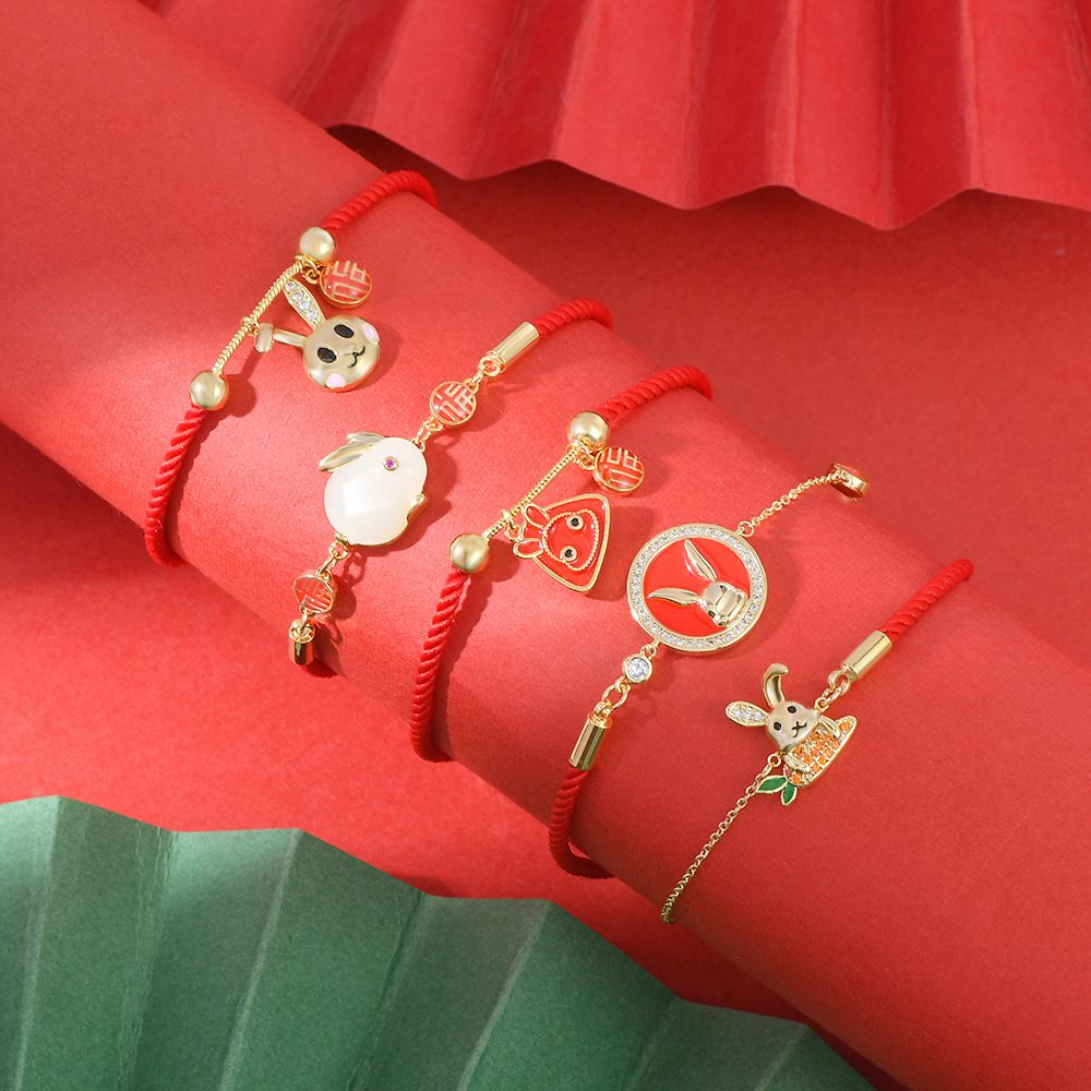 兔年喜氣洋洋拜年手鍊/過年紅繩-玉兔 (周長約17cm)