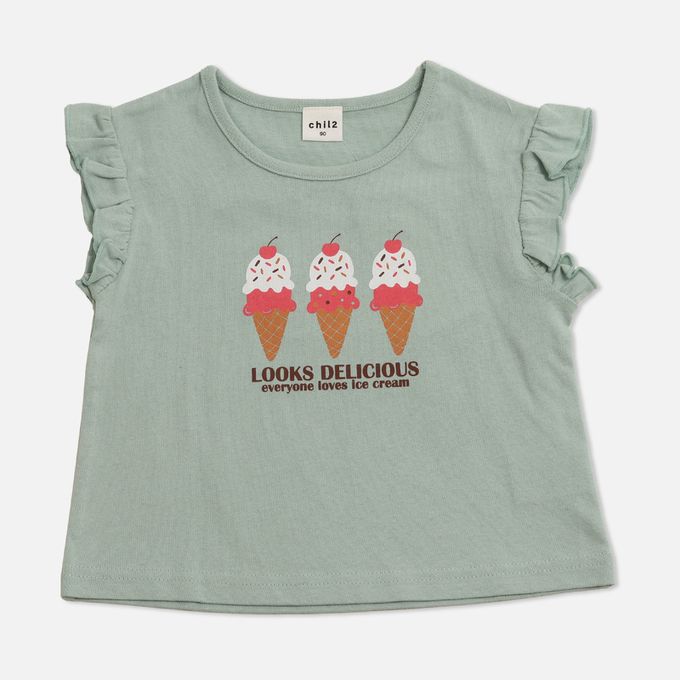 日本 Chil2 - 100%棉 荷葉邊女孩印花短袖上衣-冰淇淋-薄荷綠