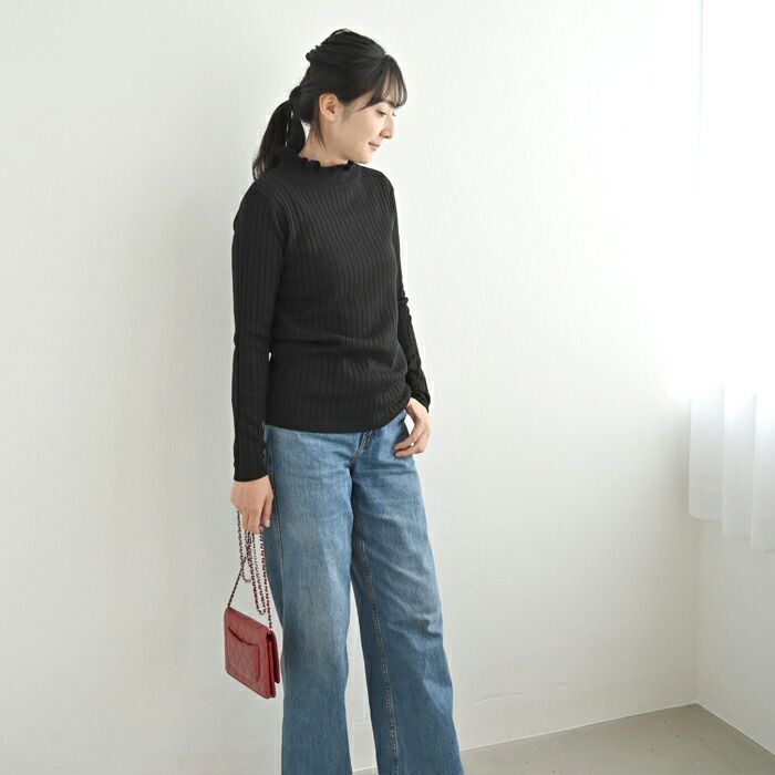 日本 ihuu - 百搭荷葉領羅紋薄針織上衣-芥末黃