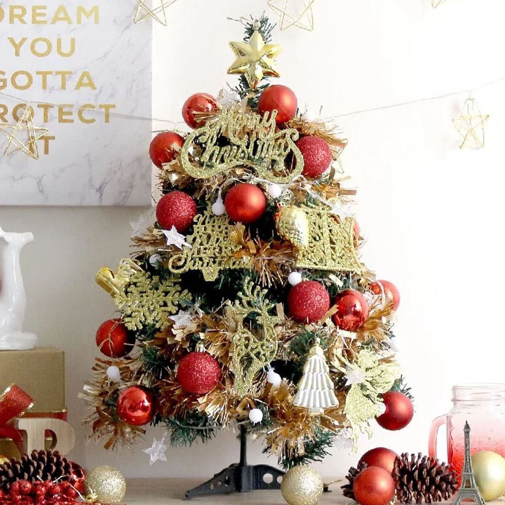 TROMSO - 2021風格旅程桌上型聖誕樹/含豐盛耶誕掛飾及附LED省電造型燈串-百老匯紅金 (總長約60cmx樹圍直徑約30cm)-總重量約600g