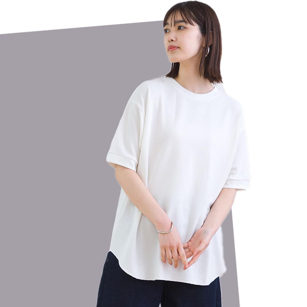 日本 OMNES - 舒適鬆餅紋落肩短袖上衣-白
