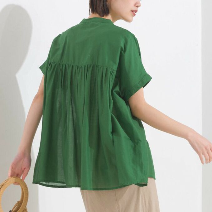 日本 OMNES - 100%印度棉 皺摺傘狀短袖襯衫-棕條紋