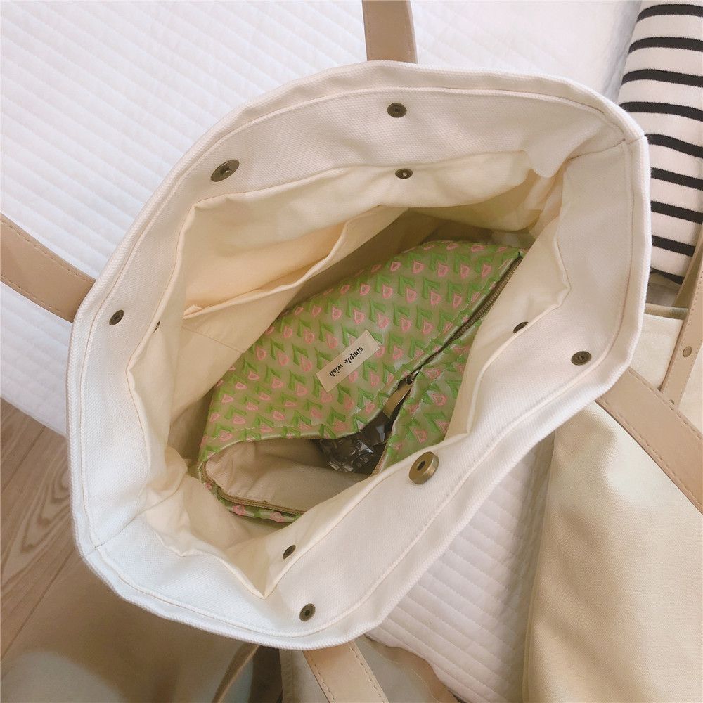 純色帆布單肩包/托特包-杏色 (33x35x7cm)