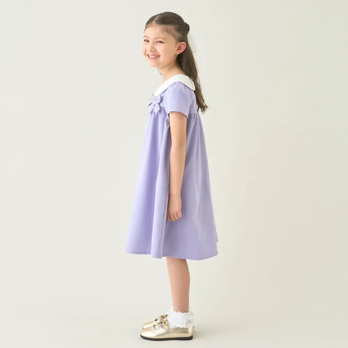 日本 Lycee mine - 優雅正式感圓領胸前緞帶短袖洋裝-粉紅