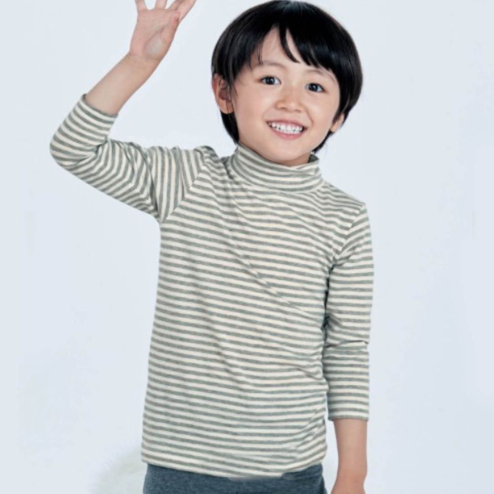 日本千趣會 - 95%棉 兒童高領九分袖發熱衣-灰白條紋