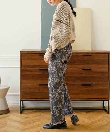 日本 Bou Jeloud - 復古花草圖騰長褲-海軍藍