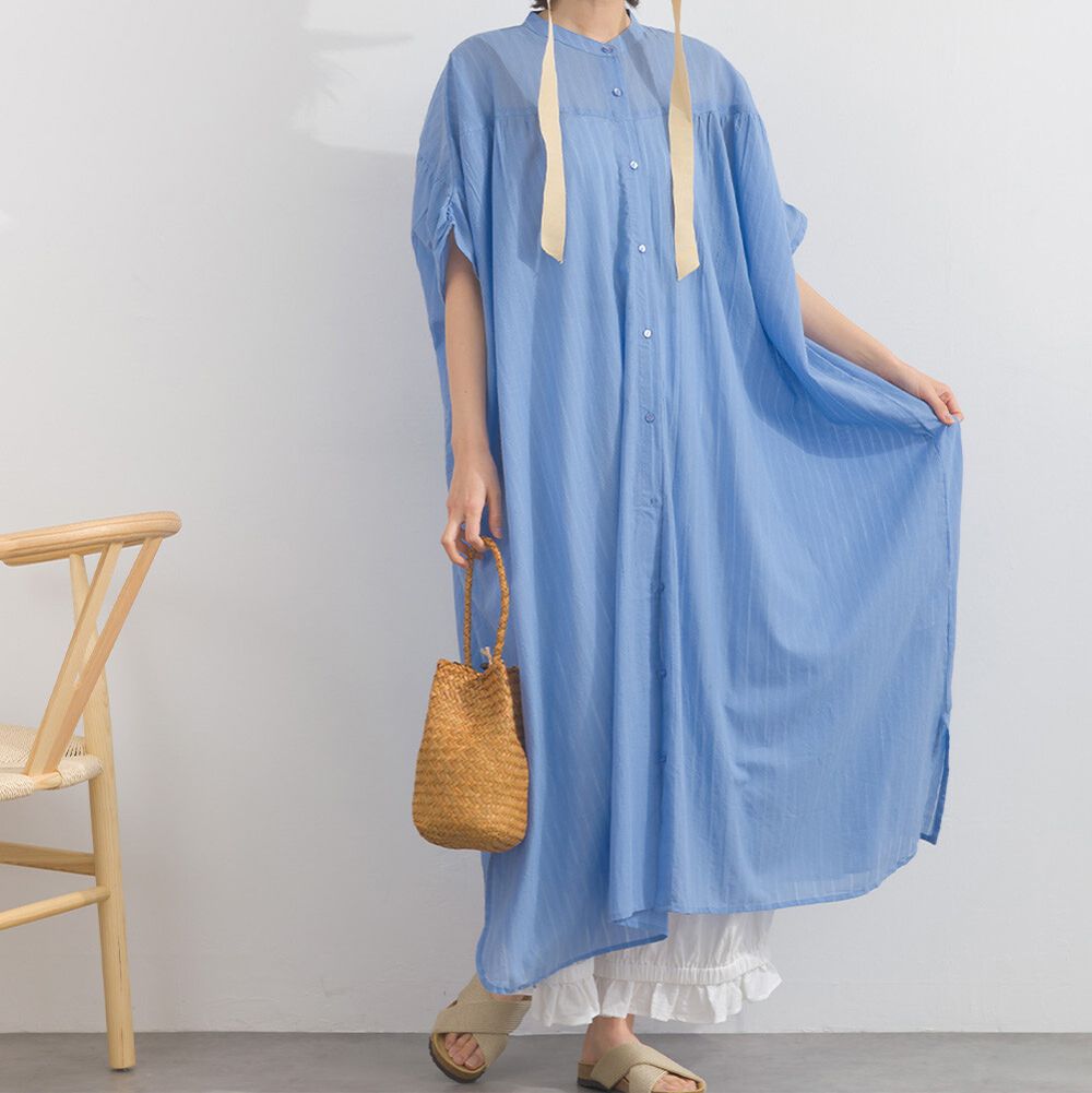 印度棉 唯美線條緹花開襟短袖洋裝-藍