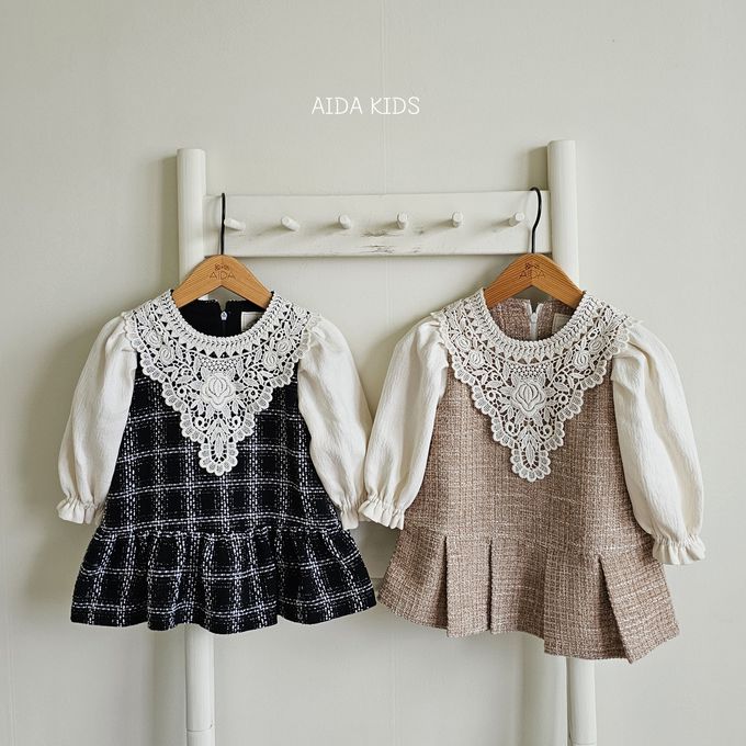 韓國 AIDA - 鏤空雕花編織拼接長袖洋裝-奶茶