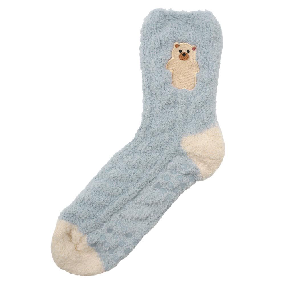 日本 friendshill - 可愛刺繡柔軟針織保暖長襪-熊熊-水藍 (22-25cm)