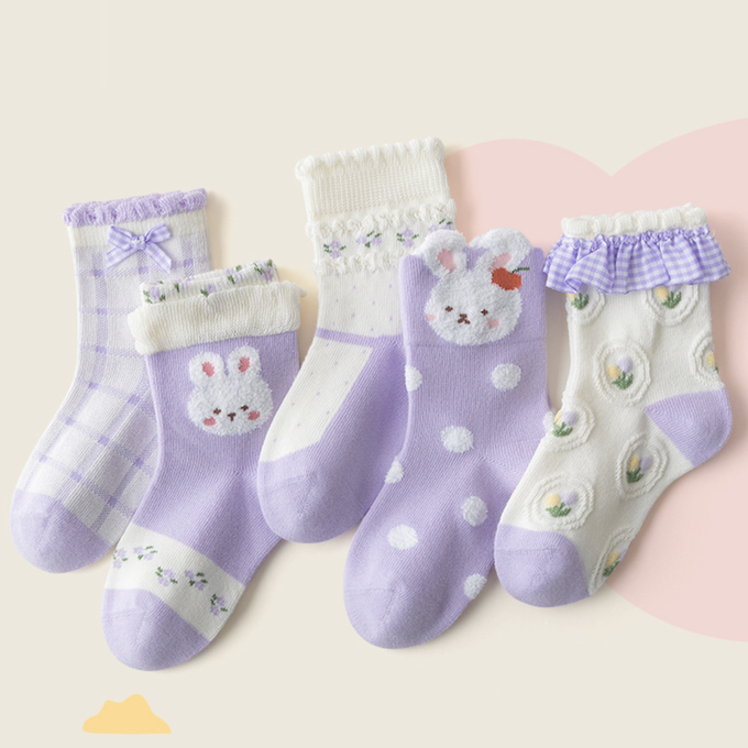 love, charlotte - 秋冬款淺紫色小兔子荷葉花邊中筒襪-5 雙一組